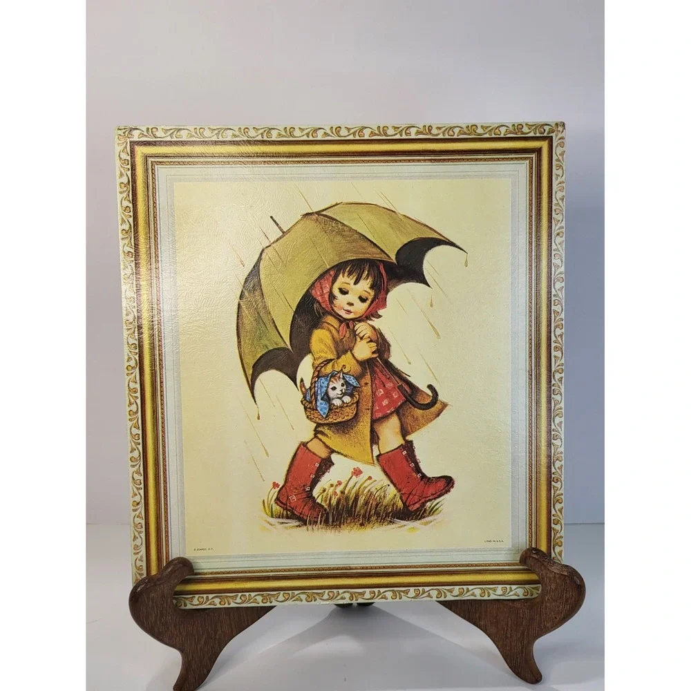 Vintage 1970s STAPCO NY N Clark Girl with Umbrella & Kitten 12